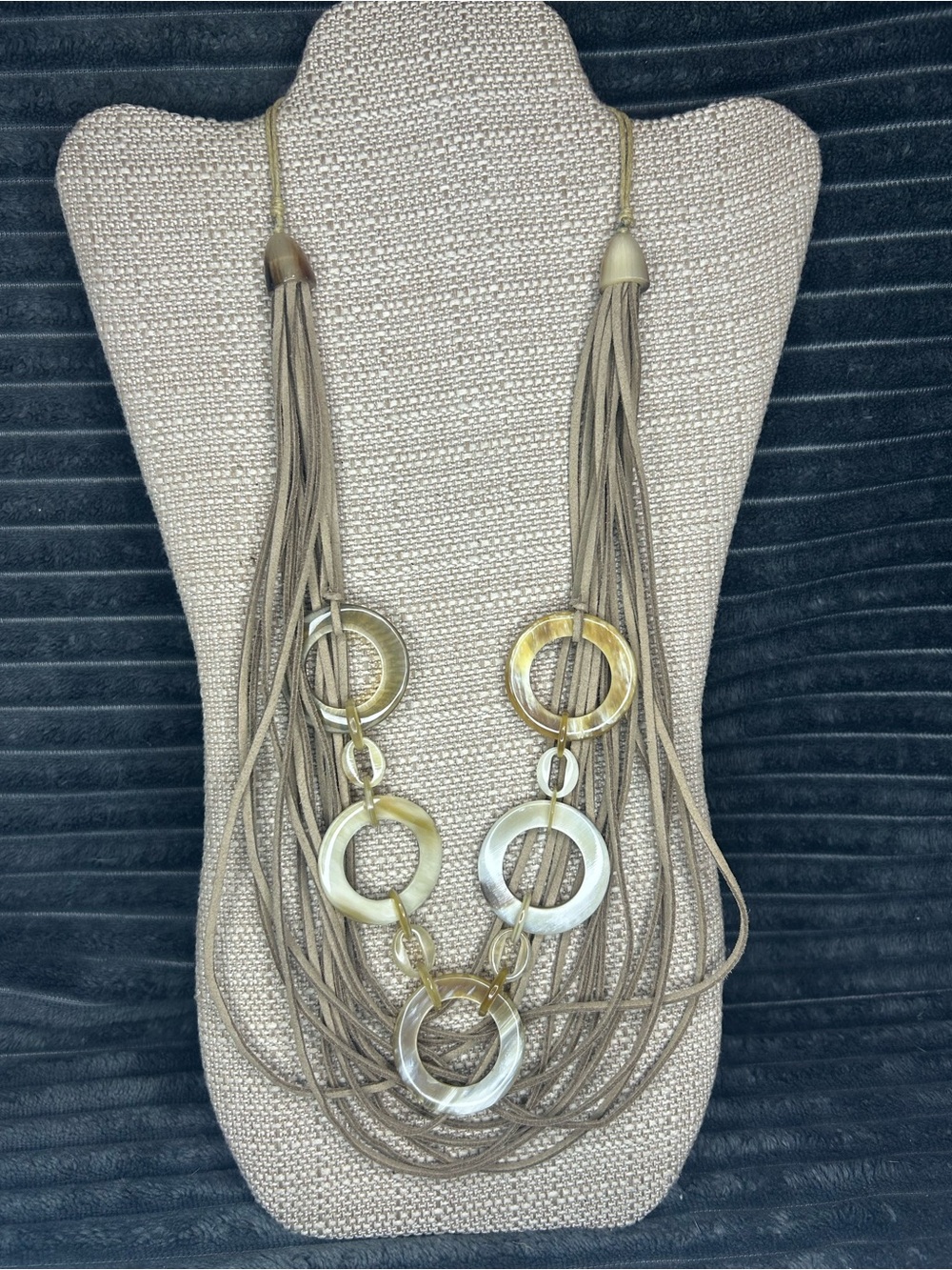 Tassel Multi-Strand Taupe Necklace with Gold & Cream Rings